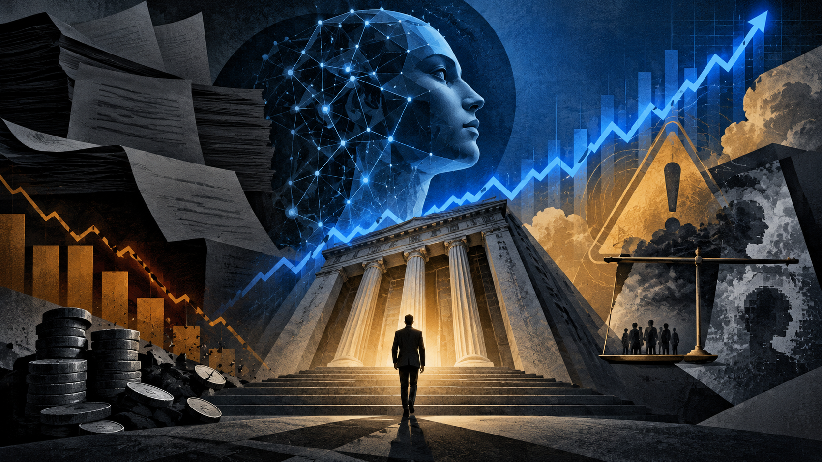 Editorial illustration of artificial intelligence, market growth, and financial risk